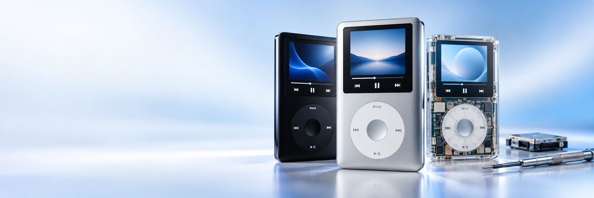 Illustration of classic and custom iPods for Hightech Electronics